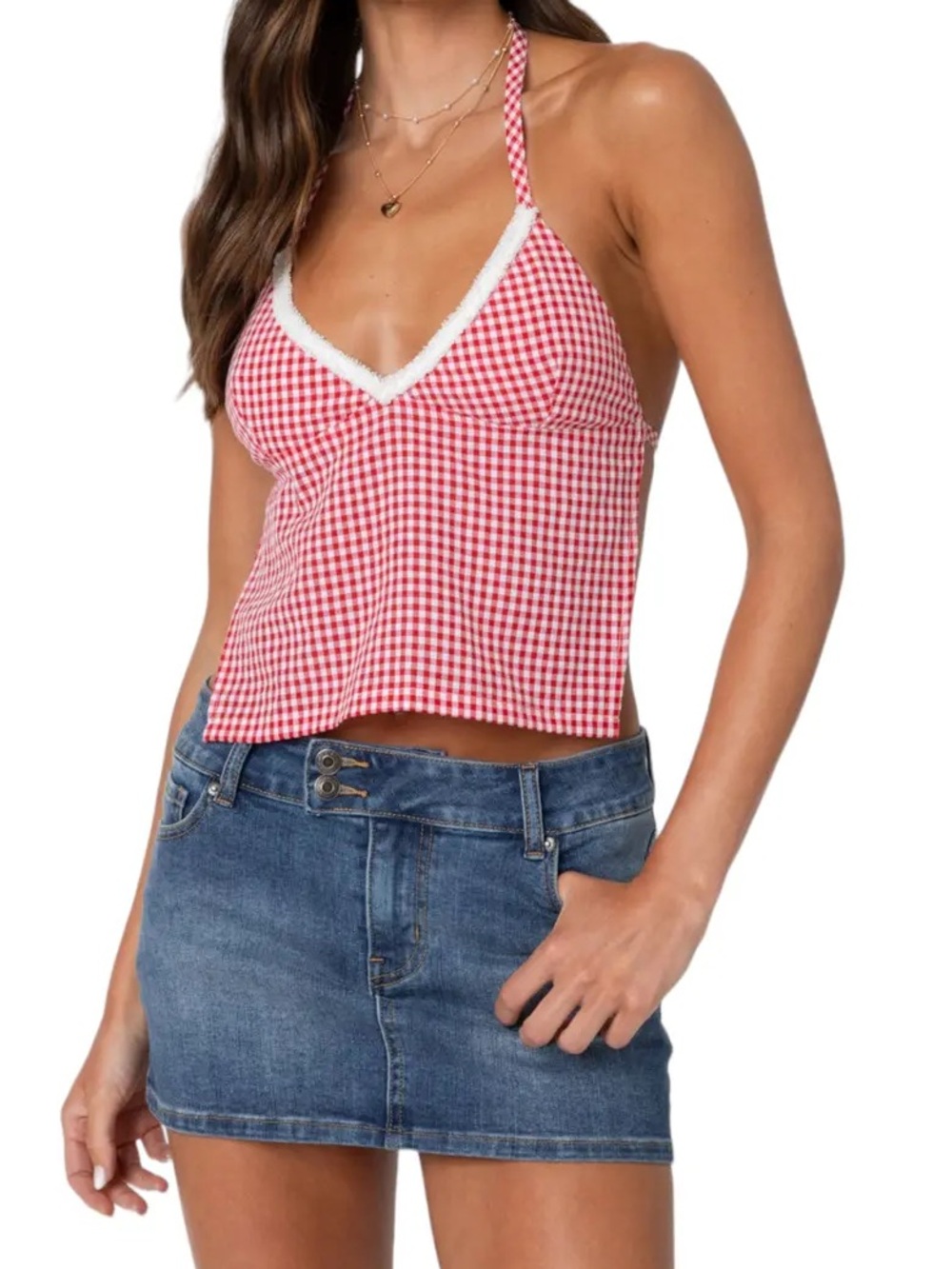 Edikted Charmaine Open Back Gingham Top in Red